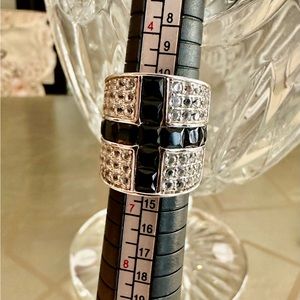Gothic Black Silver Wide Band Ring Cubic Zirconia size 6